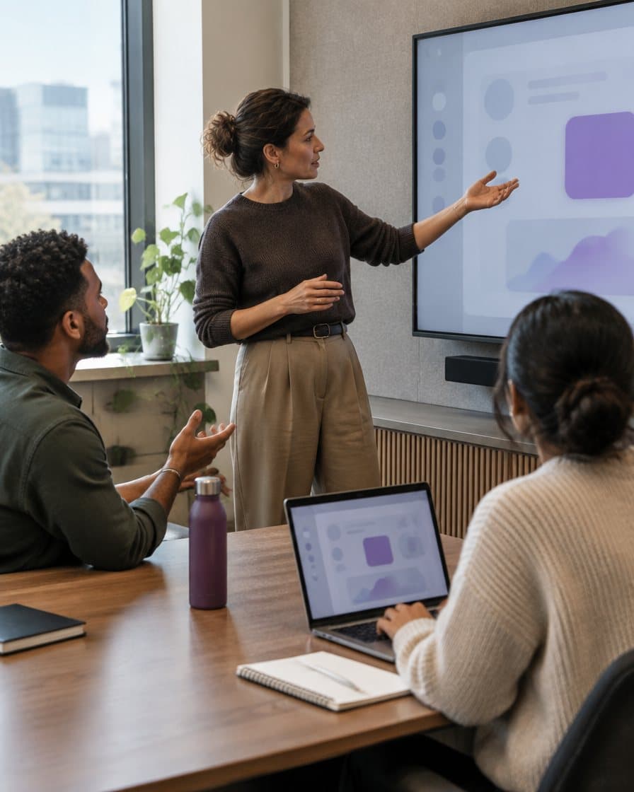 A manager walking teammates through a new AI tool on a meeting room screen