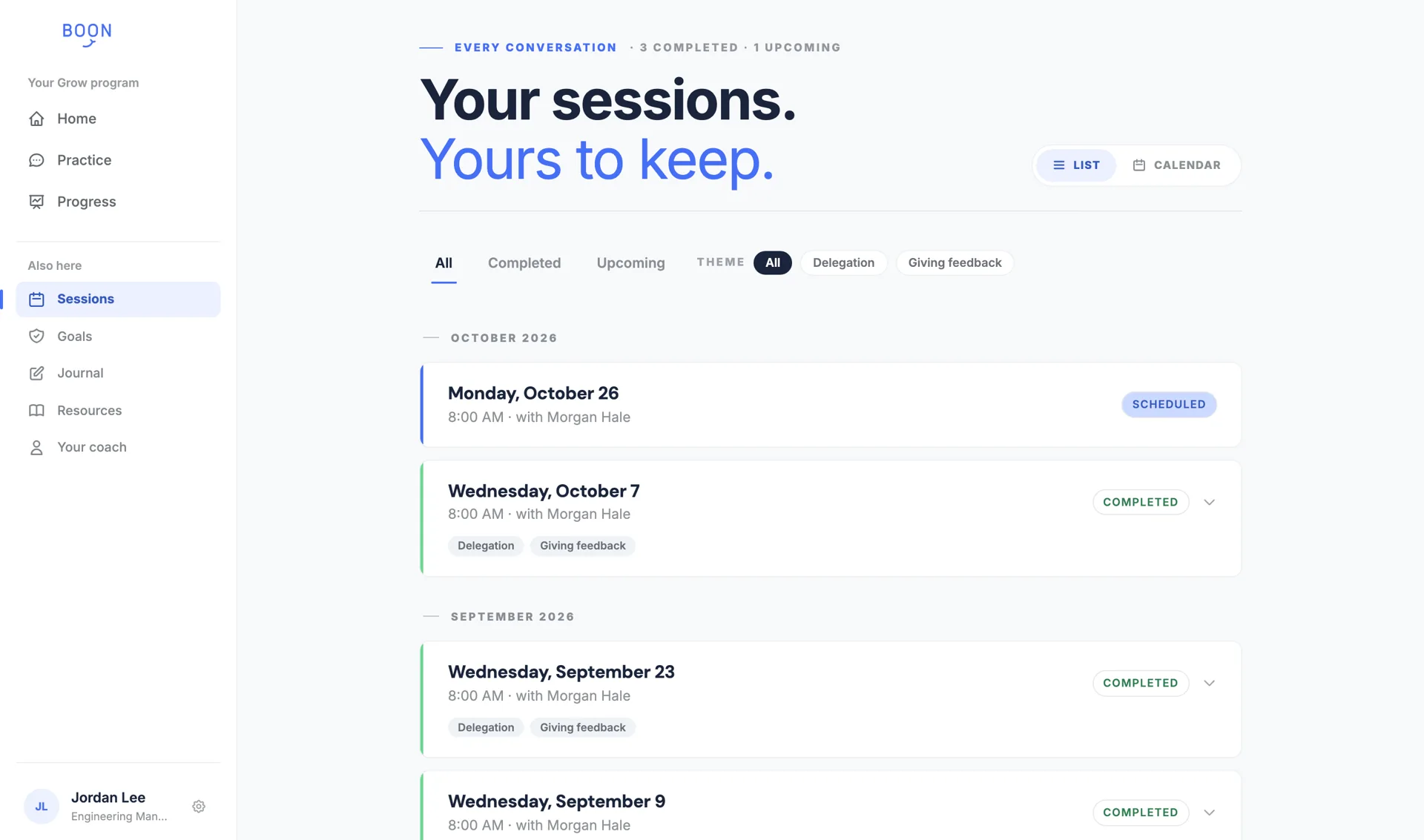 Boon employee portal sessions list showing an upcoming session and three completed sessions with the same coach, tagged by coaching theme.