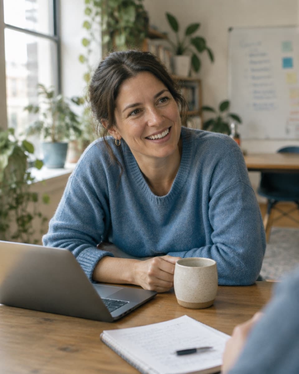 A manager smiling mid-conversation at a table in a bright office