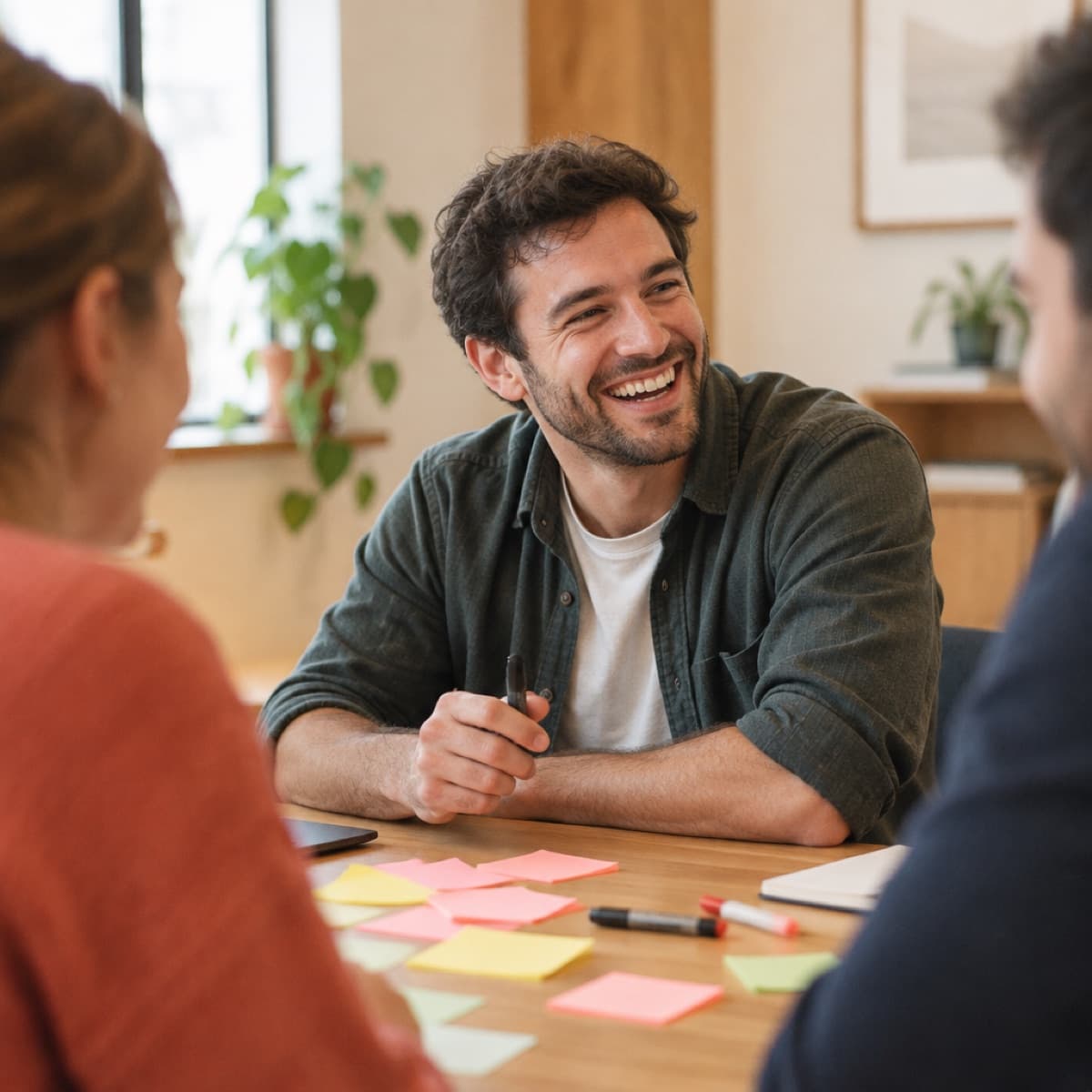A team member laughing during a team workshop