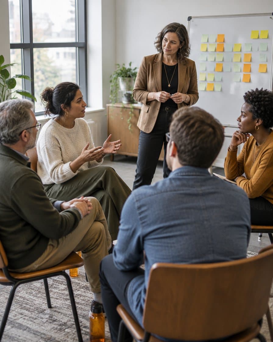 A facilitator leading a team coaching session